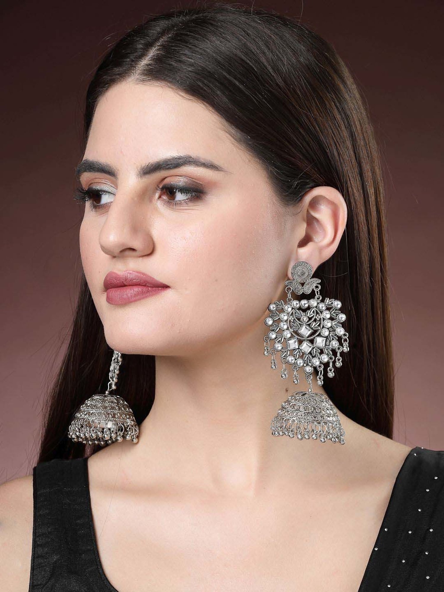 NVR Silver-Plated Oxidized Artificial Stones Dome Shaped Jhumki Earrings for Women
