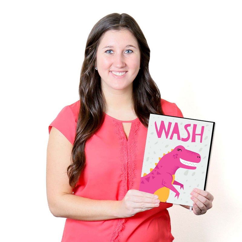 Big Dot of Happiness Roar Dinosaur Girl - Kids Bathroom Rules Wall Art - 7.5 x 10 inches - Set of 3 Signs - Wash, Brush, Flush