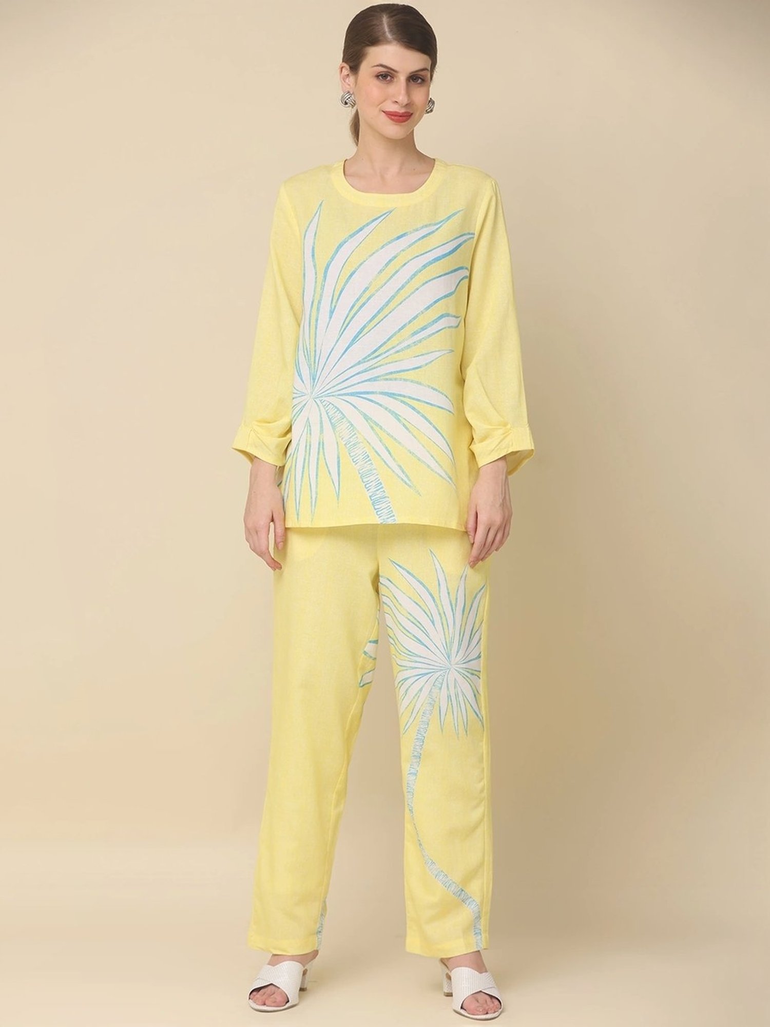 Zolo Label Yellow Cotton Printed Top Pant Set