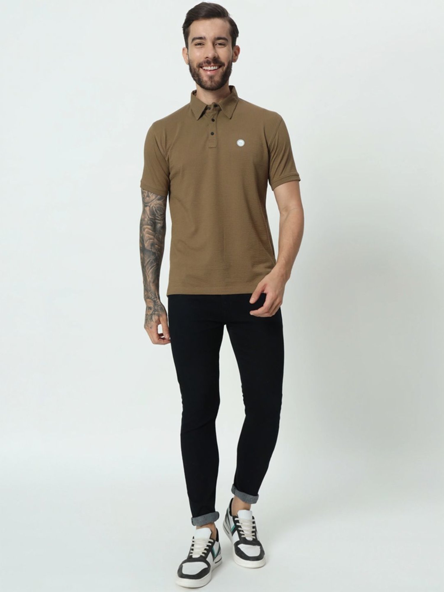 Tab91 Brown Regular Fit Self Pattern Polo T-Shirts