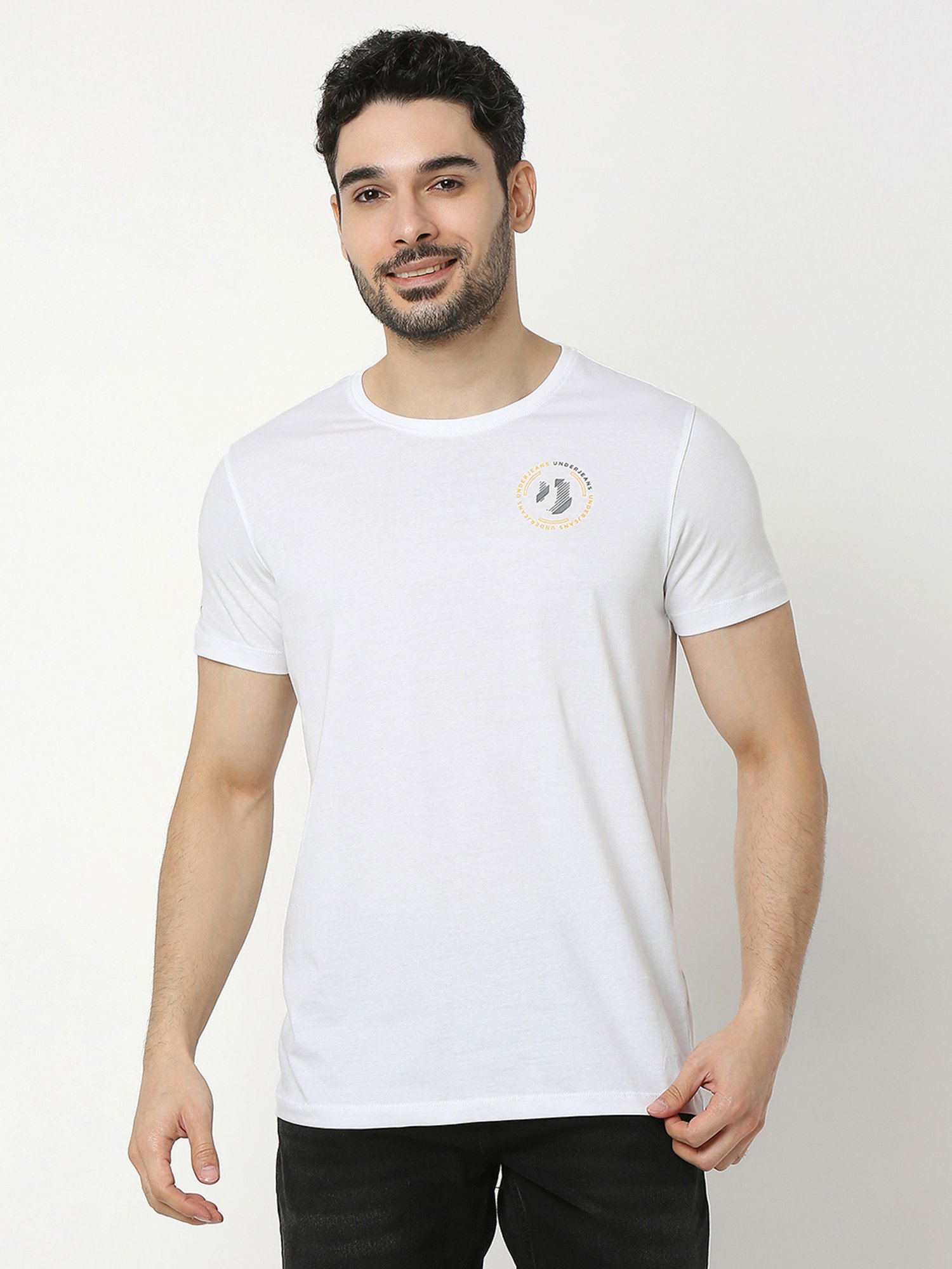 UnderJeans by Spykar White Regular Fit Logo Print Cotton Crew T-Shirt