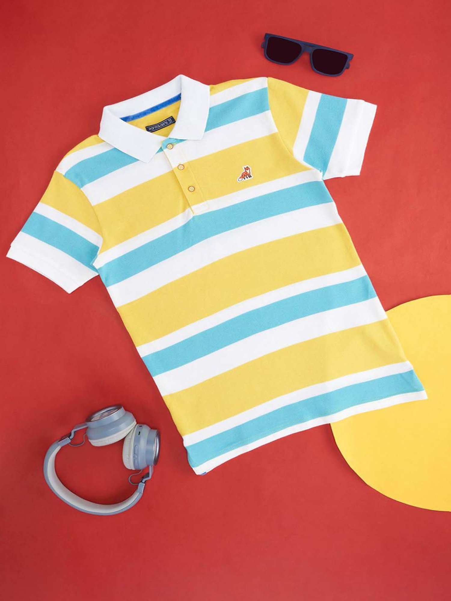 Pantaloons Junior Yellow & Blue Cotton Striped Polo T-Shirt
