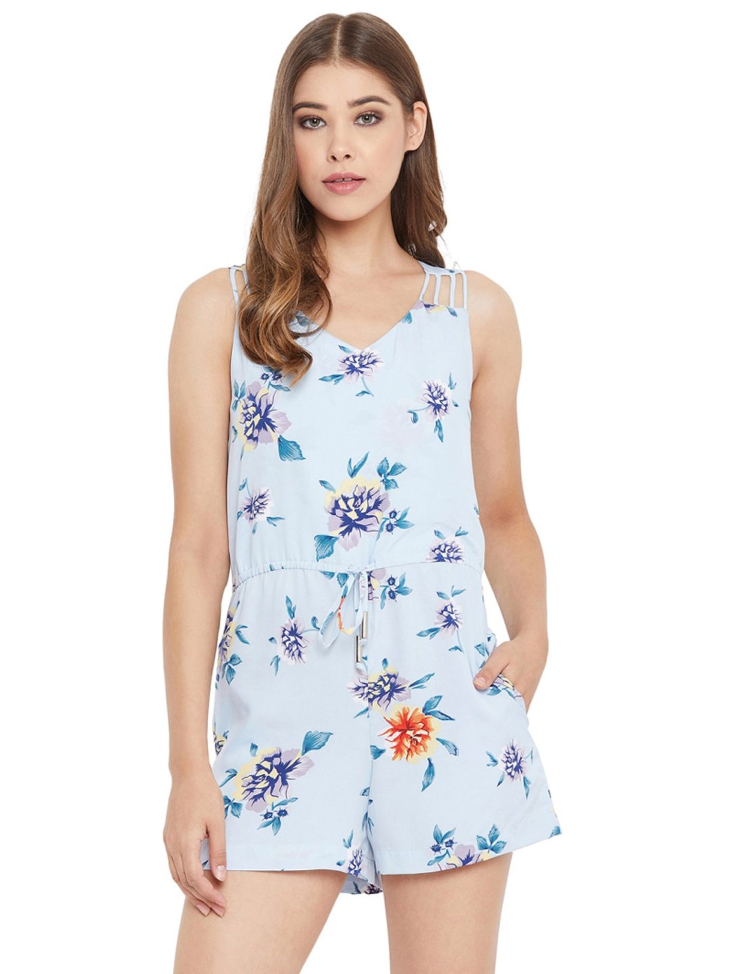 PURYS Blue Floral Print Playsuit
