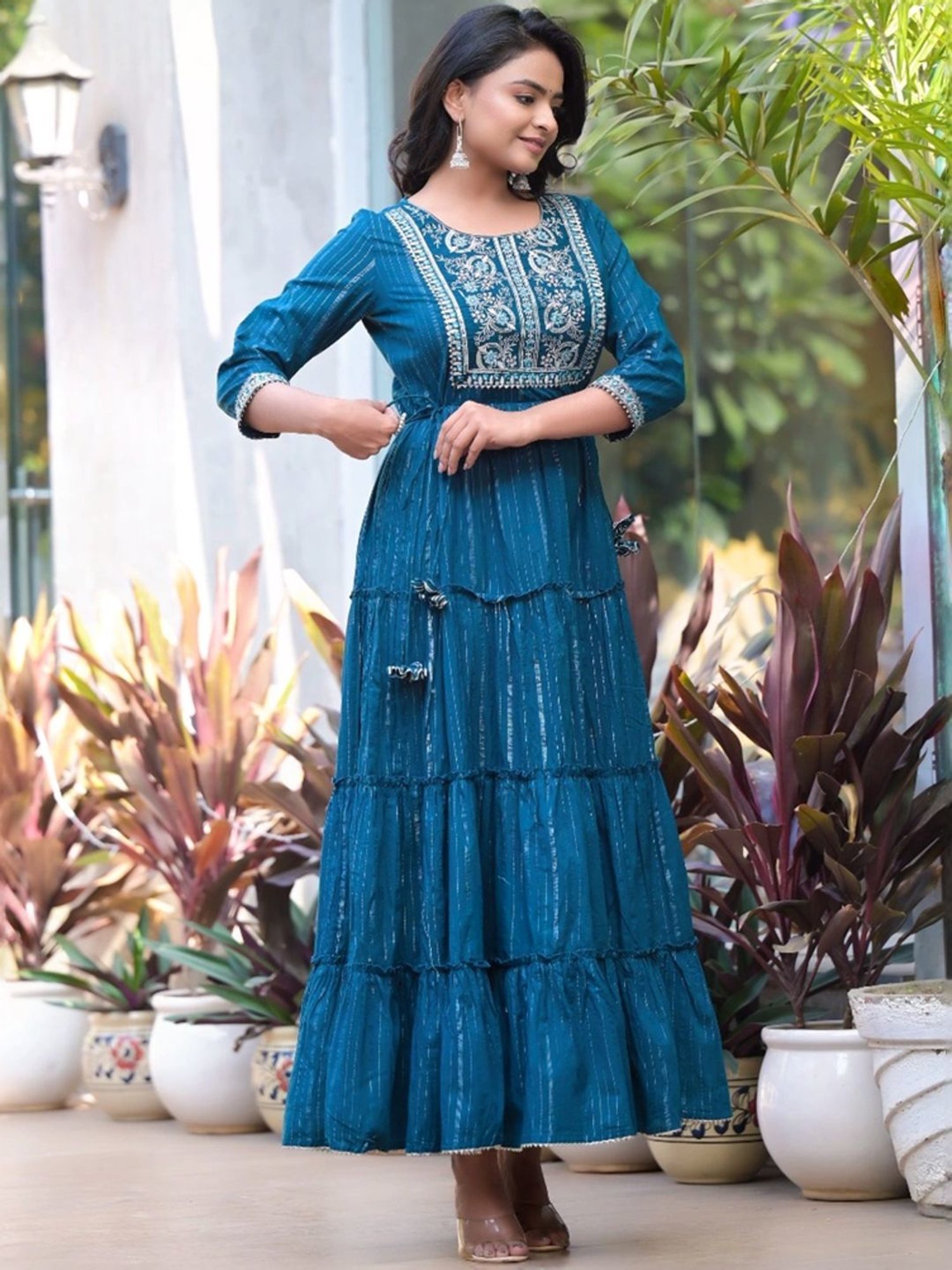 Varanga Teal Blue Cotton Embroidered Maxi Dress