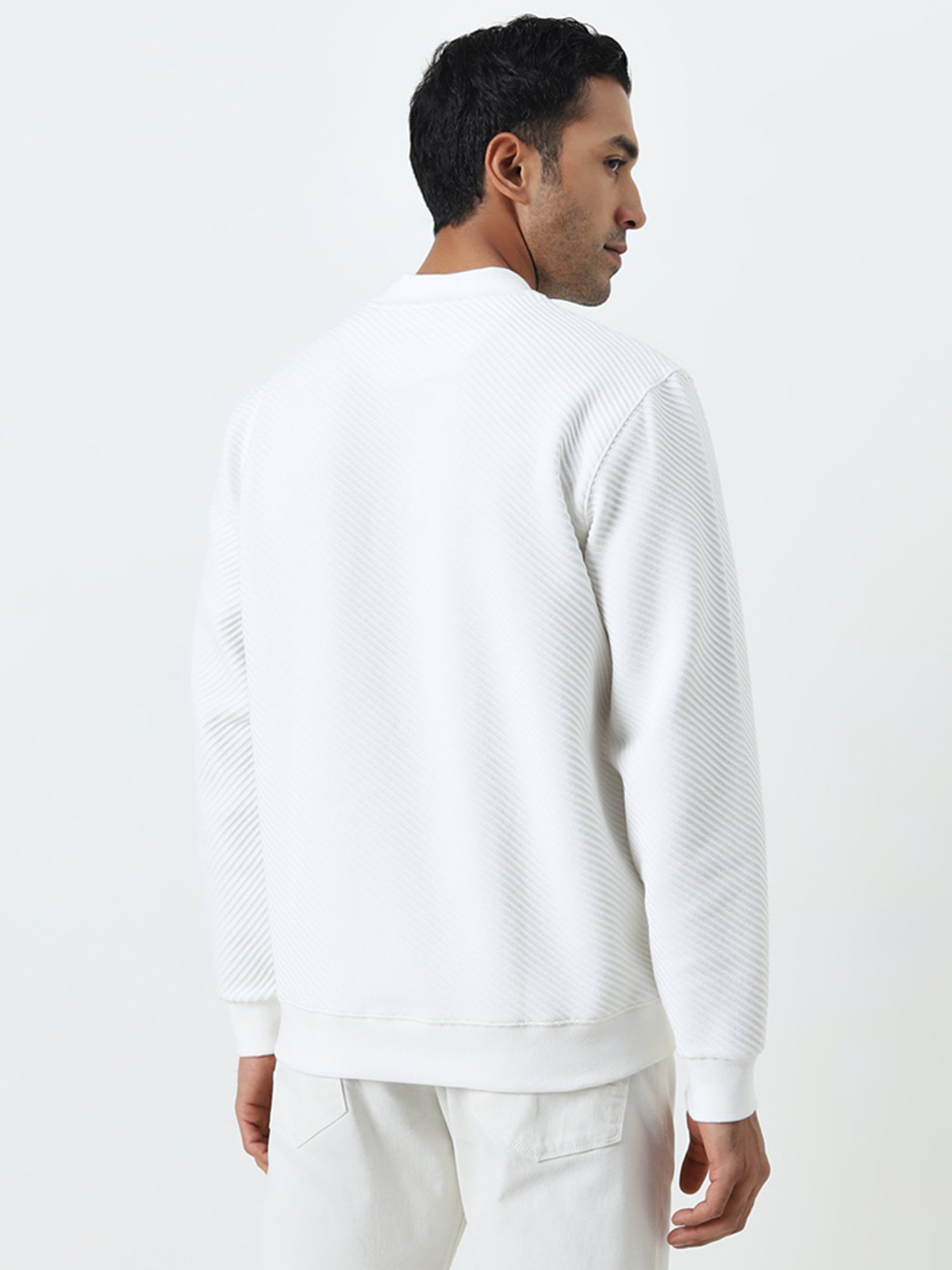 Ascot by Westside White Ribbed-Textured Relaxed-Fit Sweatshirt