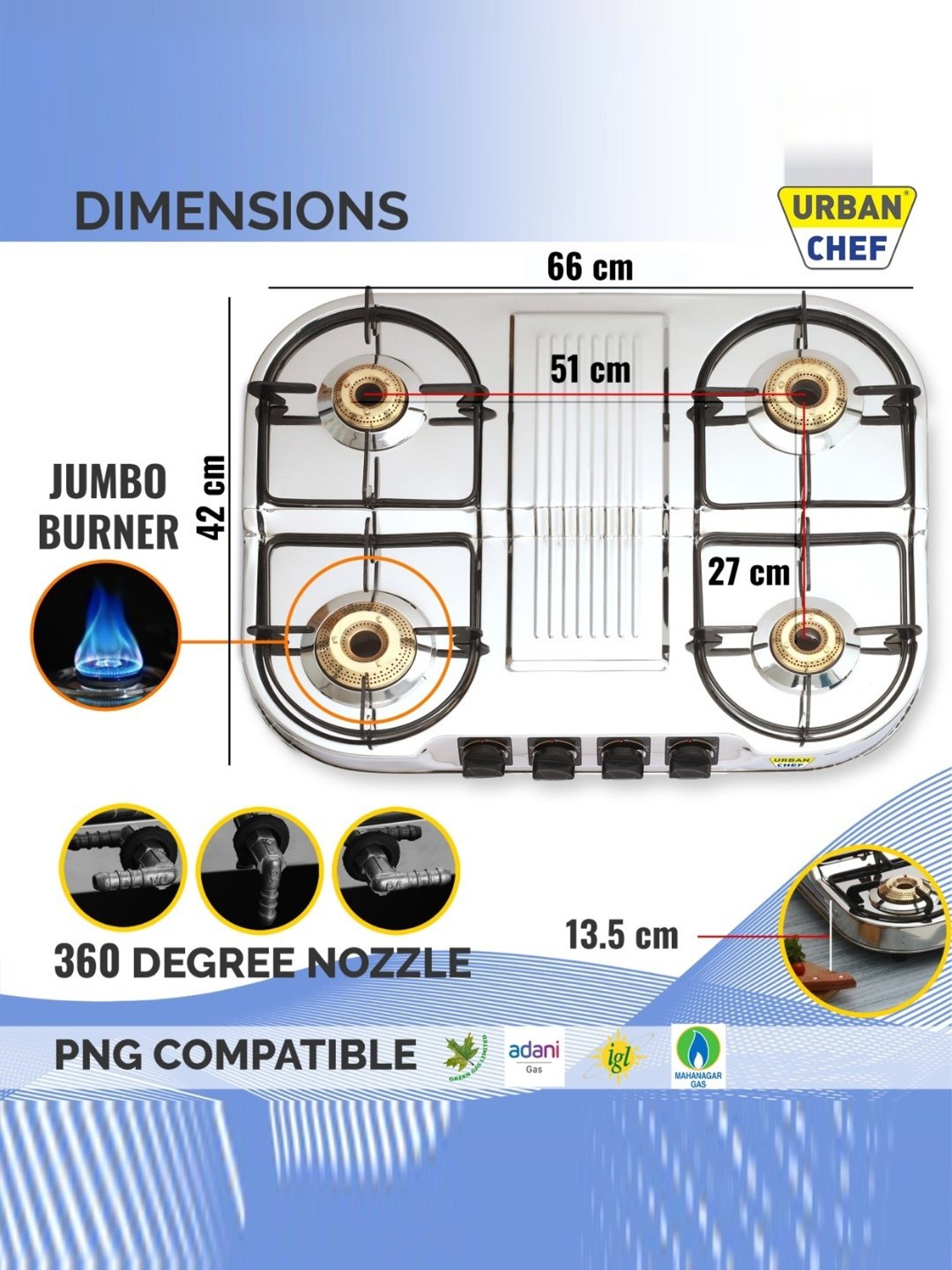 Urban Chef Gas Stove with 4 burners ( Silver/Black )