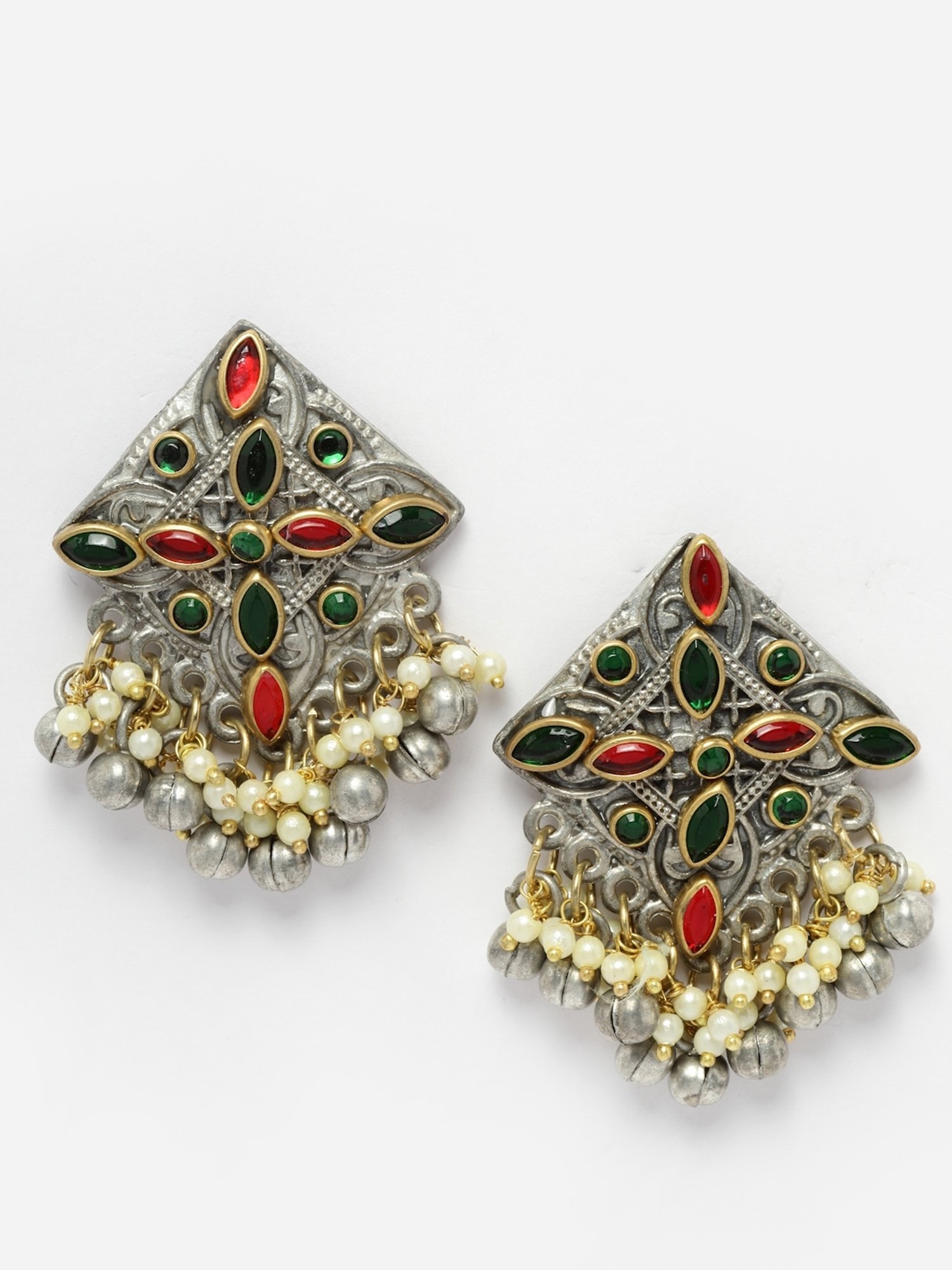 Moedbuille Crystal Ghungroo & Pearl Studded Antique Design Silver-Plated Tasselled Stud Earrings