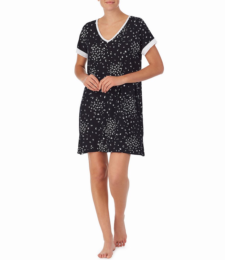 Donna Karan Scattered Animal Printed Side Slit Knit Sleepshirt