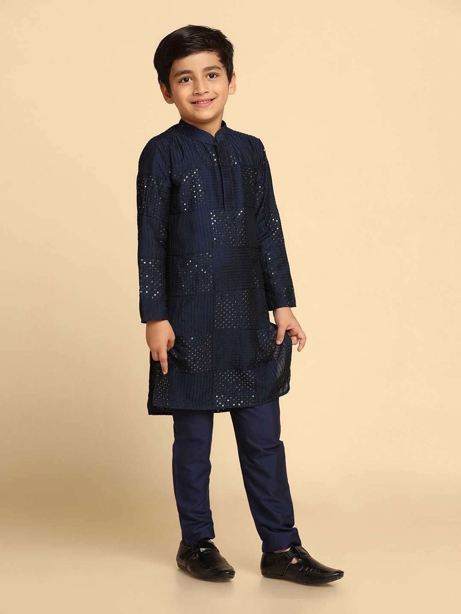 VASTRAMAY Boys Yellow & White Cotton Printed Full Sleeves Kurta Sets
