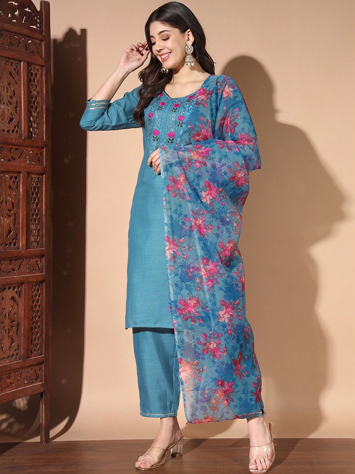Skylee Teal Blue Embroidered Kurta Pant Set With Dupatta