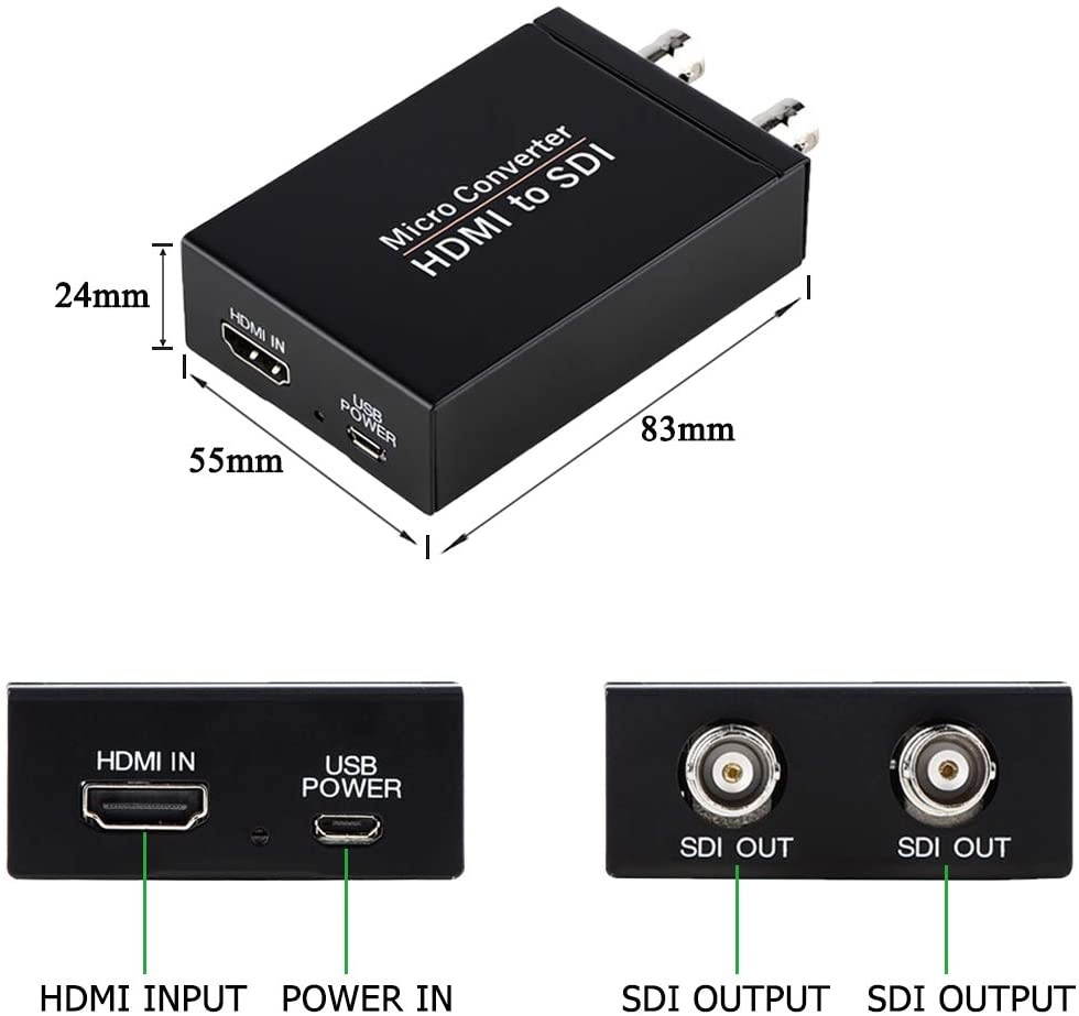 HDMI to SDI Converter, HDMI in Two SDI Output SD HD 3G-SDI Video Adapter Auto Format Detection Video Converter Stereo Audio Embedder for Camera