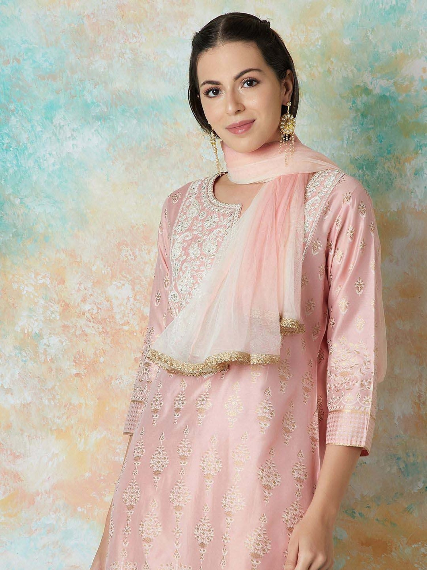 Melange by Lifestyle Pink Embroidered Kurta & Pant Set With Dupatta