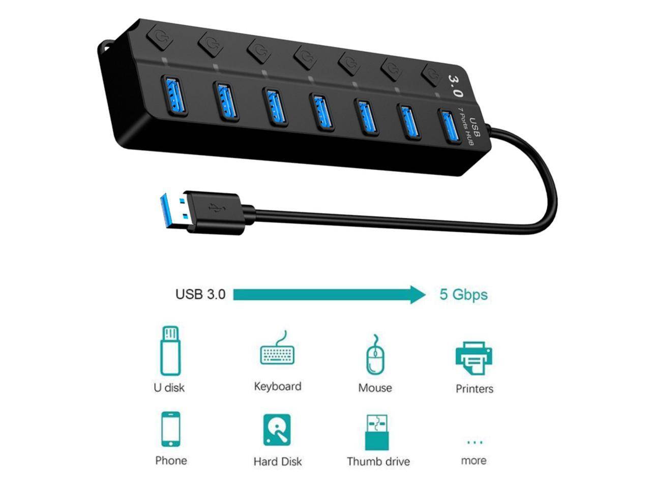 10pcs*Powered USB Hub 3.0, Vicabo 7-Ports USB Data Hub Splitter with One Smart Charging Port and Individual On/Off Switches Power LED and 5V Power Adapter black
