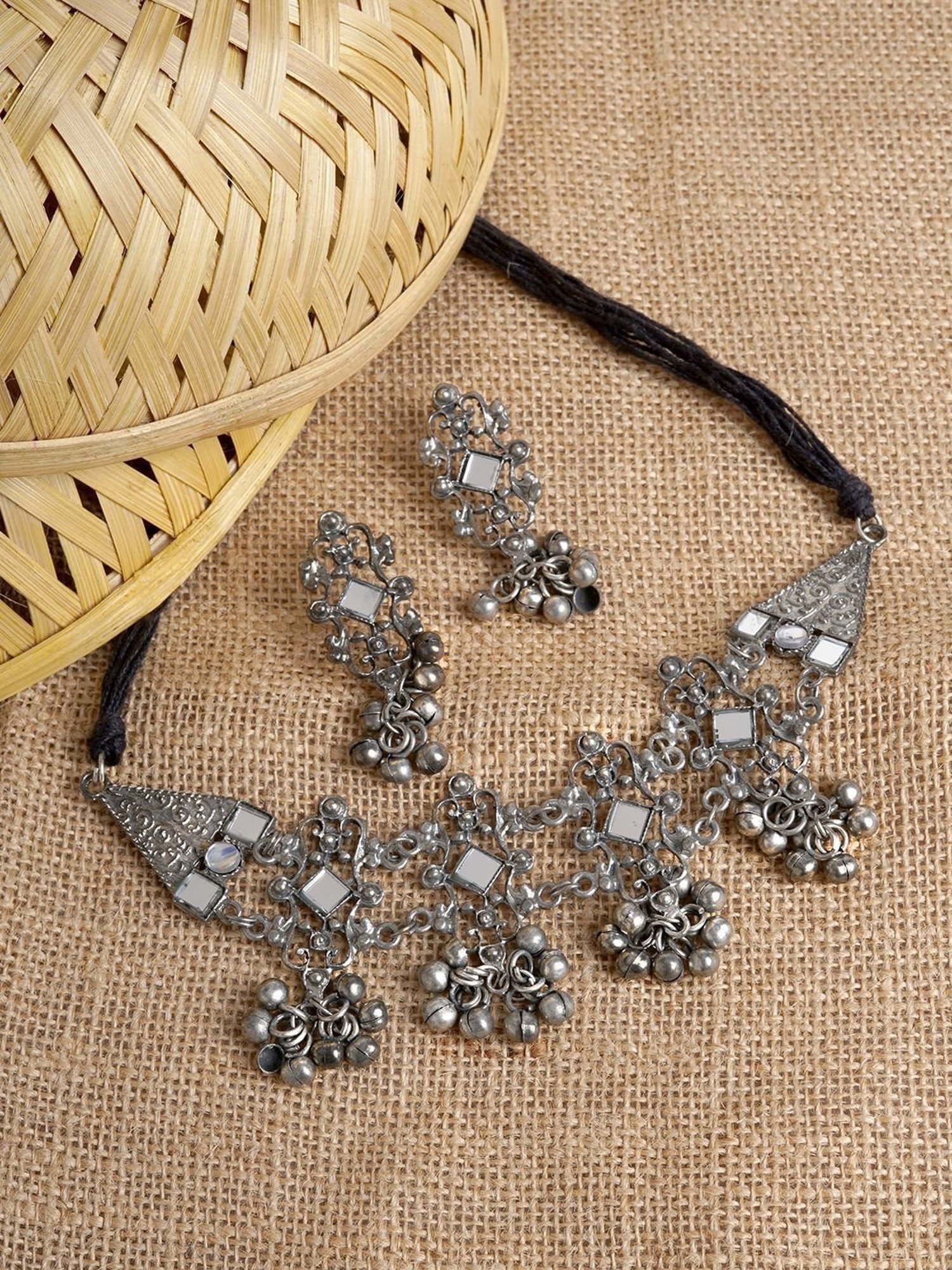Teejh Ethnic Gangol Ghungroo Silver Oxidized Necklace Set for Women