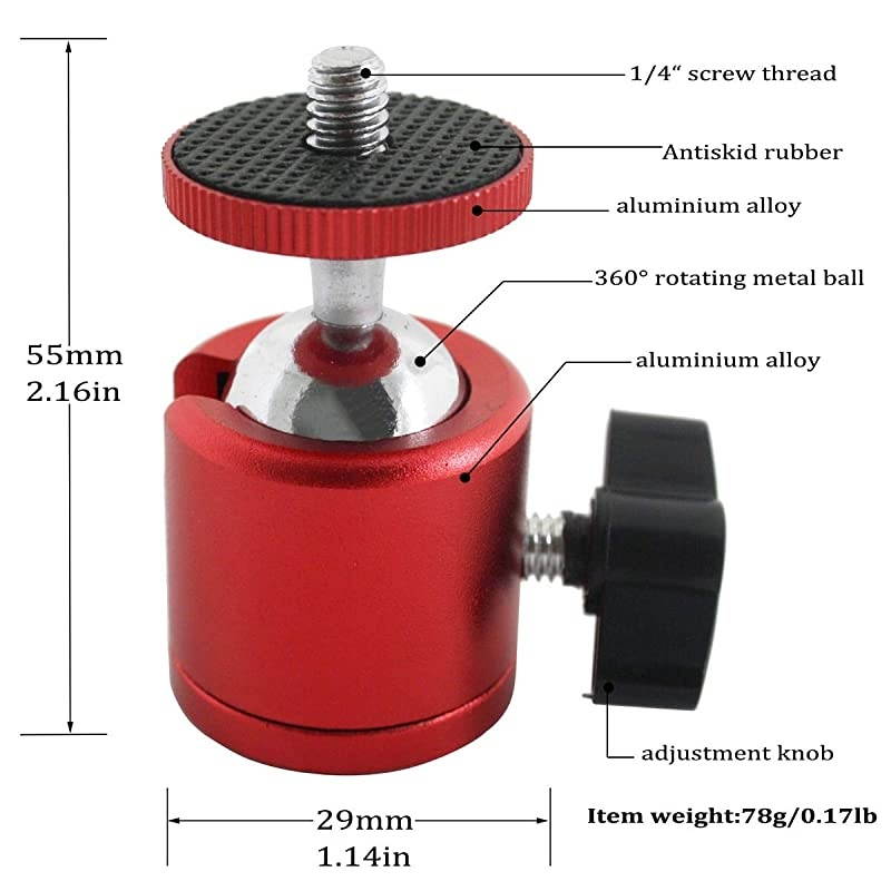 2 PCS Tripod Mini Ball Head with 14 Screw Thread Base 2 Pack Red