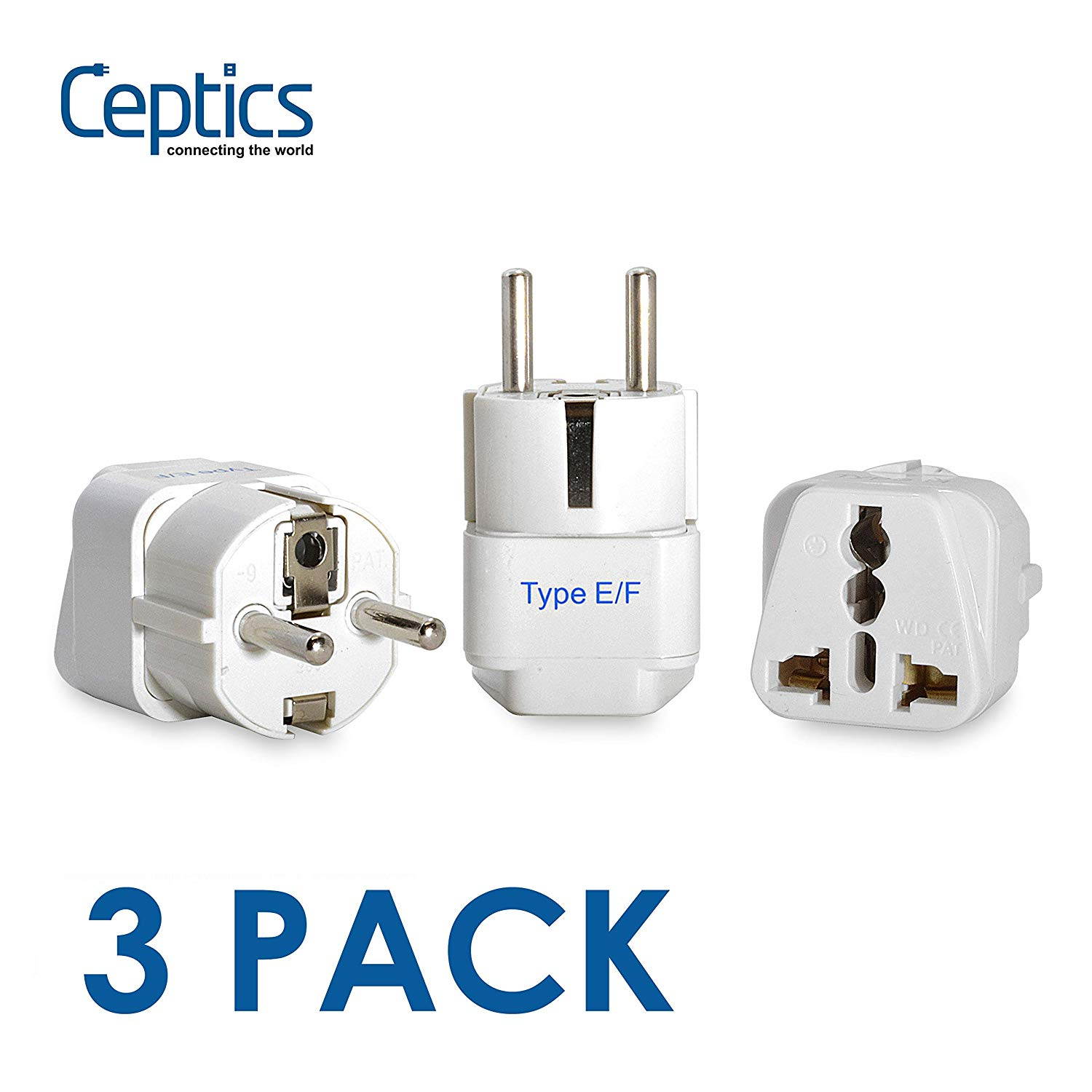 Ceptics Europe, Germany, France (Schuko) Travel Plug Adapter (Type E/F), Universal Socket Plug Accepts Plugs From any Country, Perfect for Cell Phones, Laptops, Chargers and More - 3 Pack (GP-9)