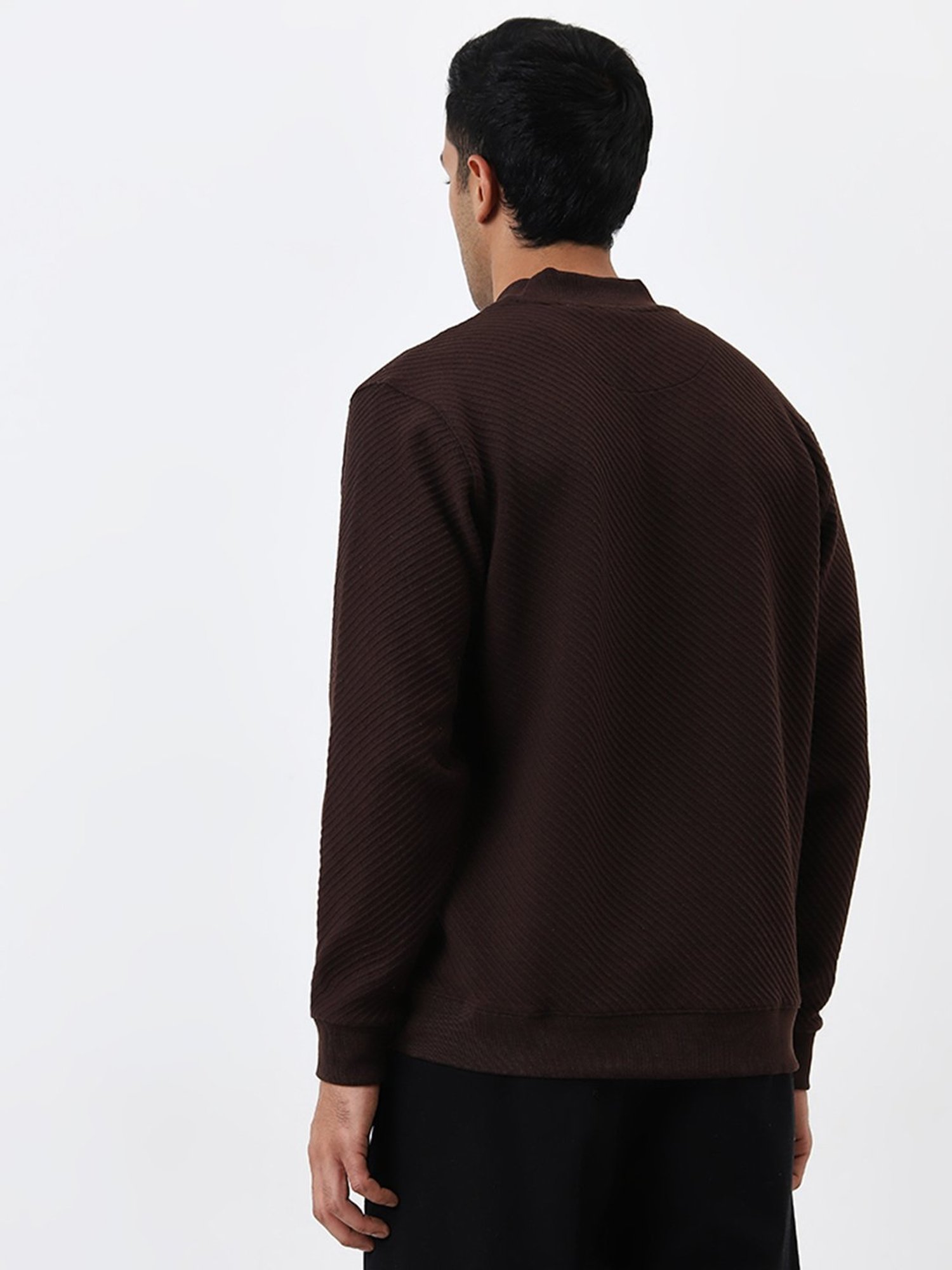 Ascot by Westside Dark Brown Ribbed Textured Relaxed Fit Sweatshirt