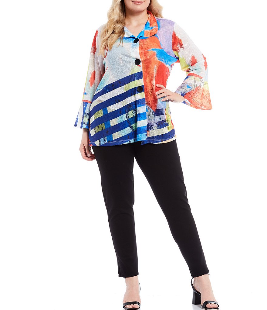 Ali Miles Plus Size Mixed Animal Print Open-Front Drop Needle Onion Skin Jacket