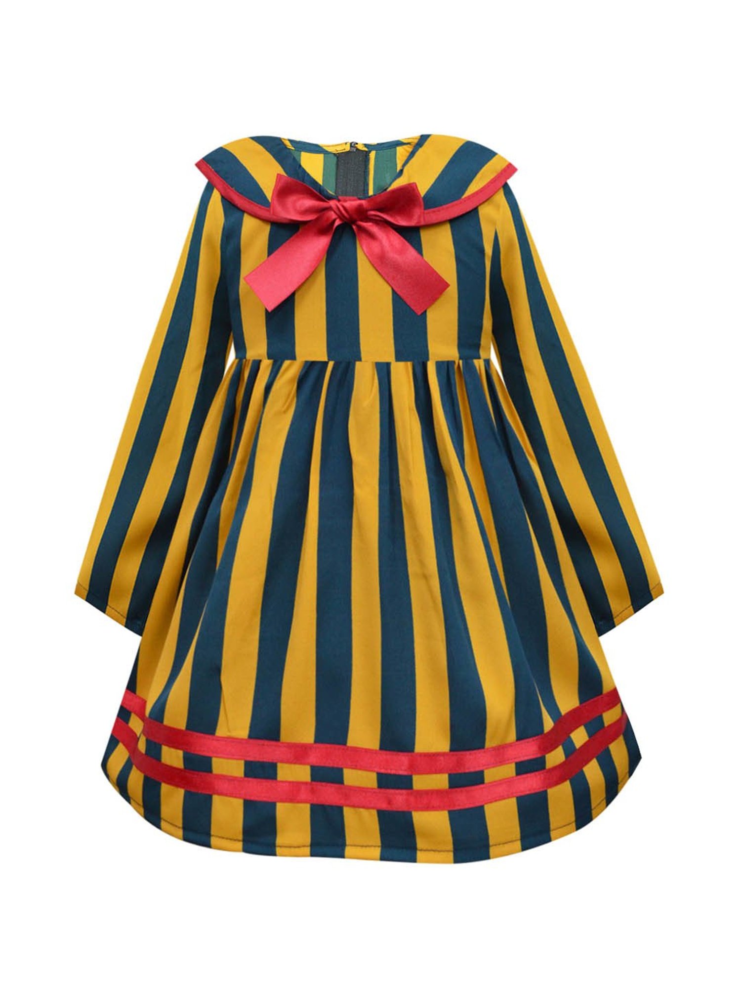 A.T.U.N. Mustard & Navy Striped Full Sleeves Dress