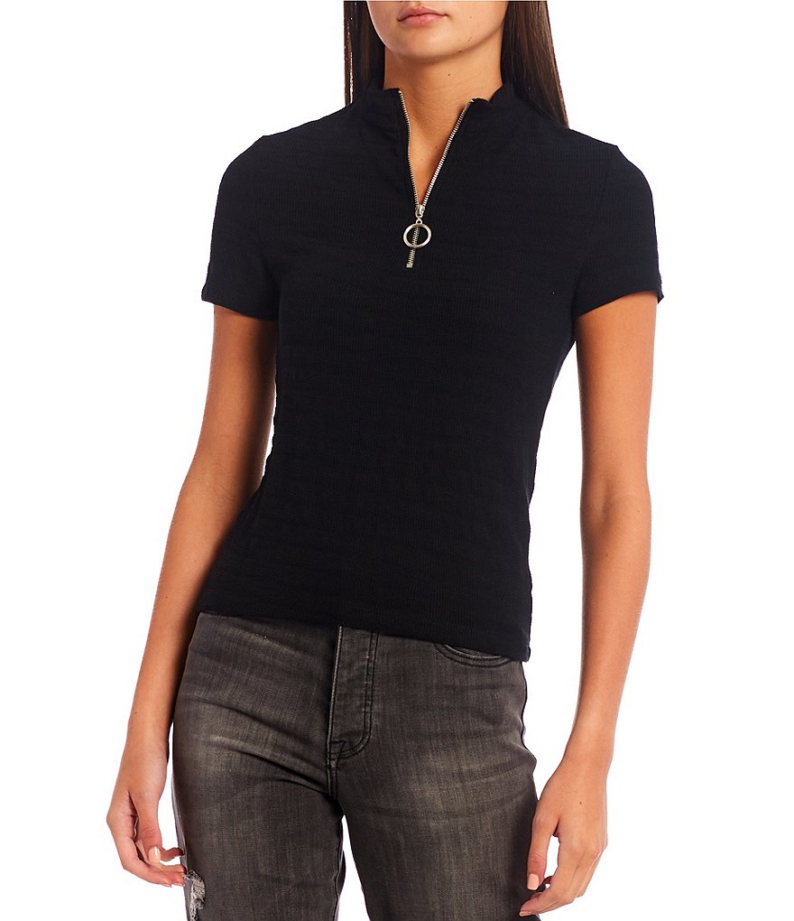 Good Luck Gem Short-Sleeve Mockneck Half-Zip Top