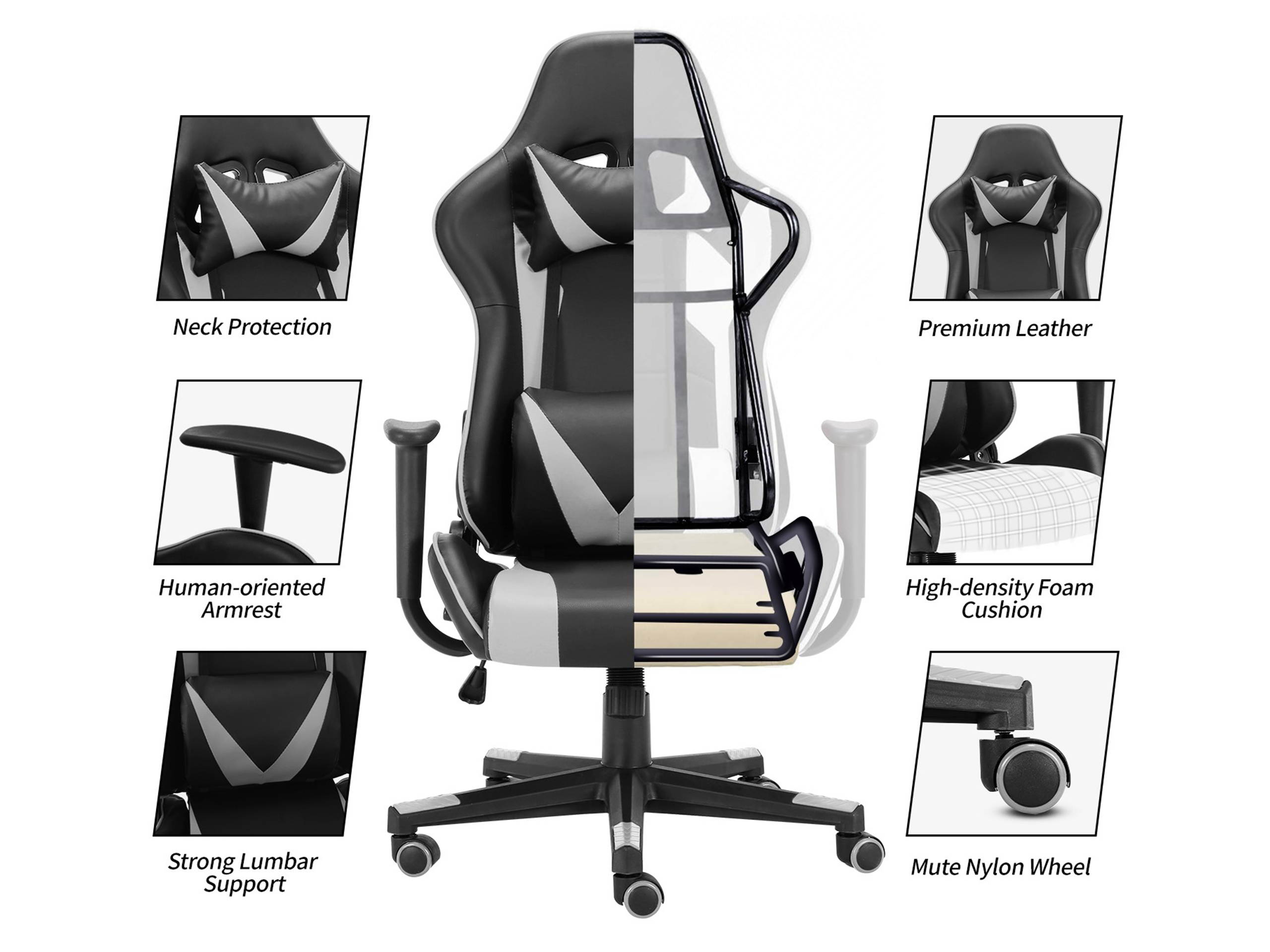 Home Office Racing Gaming Chair High Back Ergonomic Recliner Computer Chair, Height Adjustable Massage Gaming Chair With Neck Protection And Lumbar Support