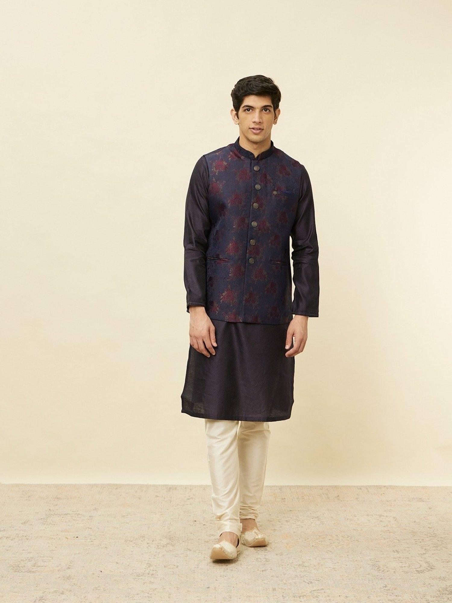 Manyavar Blue Regular Fit Self Pattern Nehru Jacket