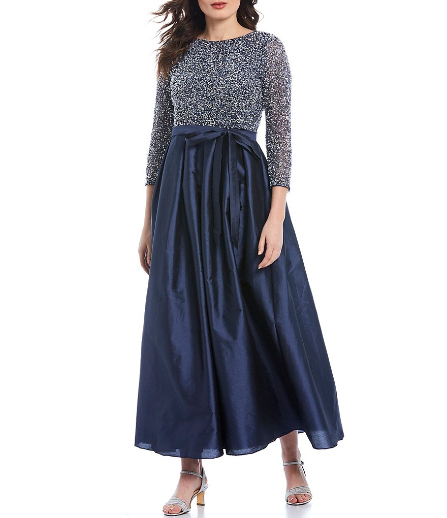 Pisarro Nights Sequined Bodice 3/4 Sleeve Tie Waist Satin Ball Gown