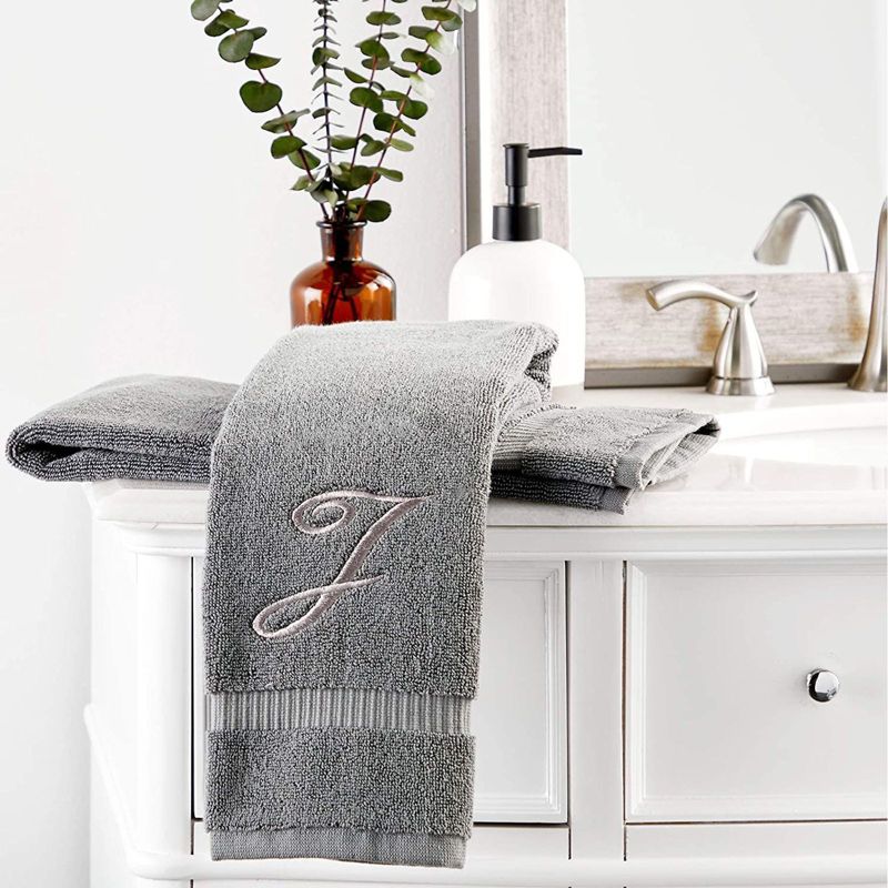 Juvale 2 Pack Monogrammed Hand Towel, Embroidered Letter I (Grey, 16 x 30 in)