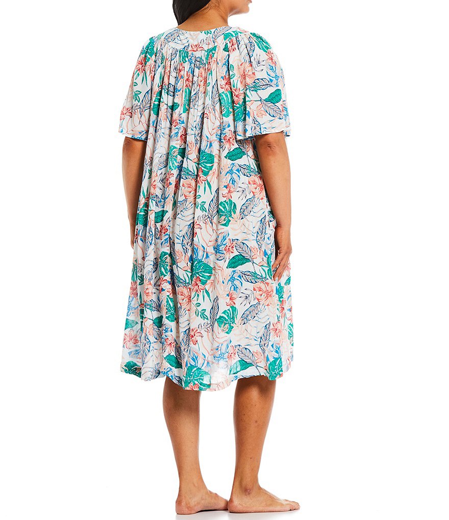 Kate Landry Plus Tropical Floral Print Henley Crinkled Woven Patio Dress