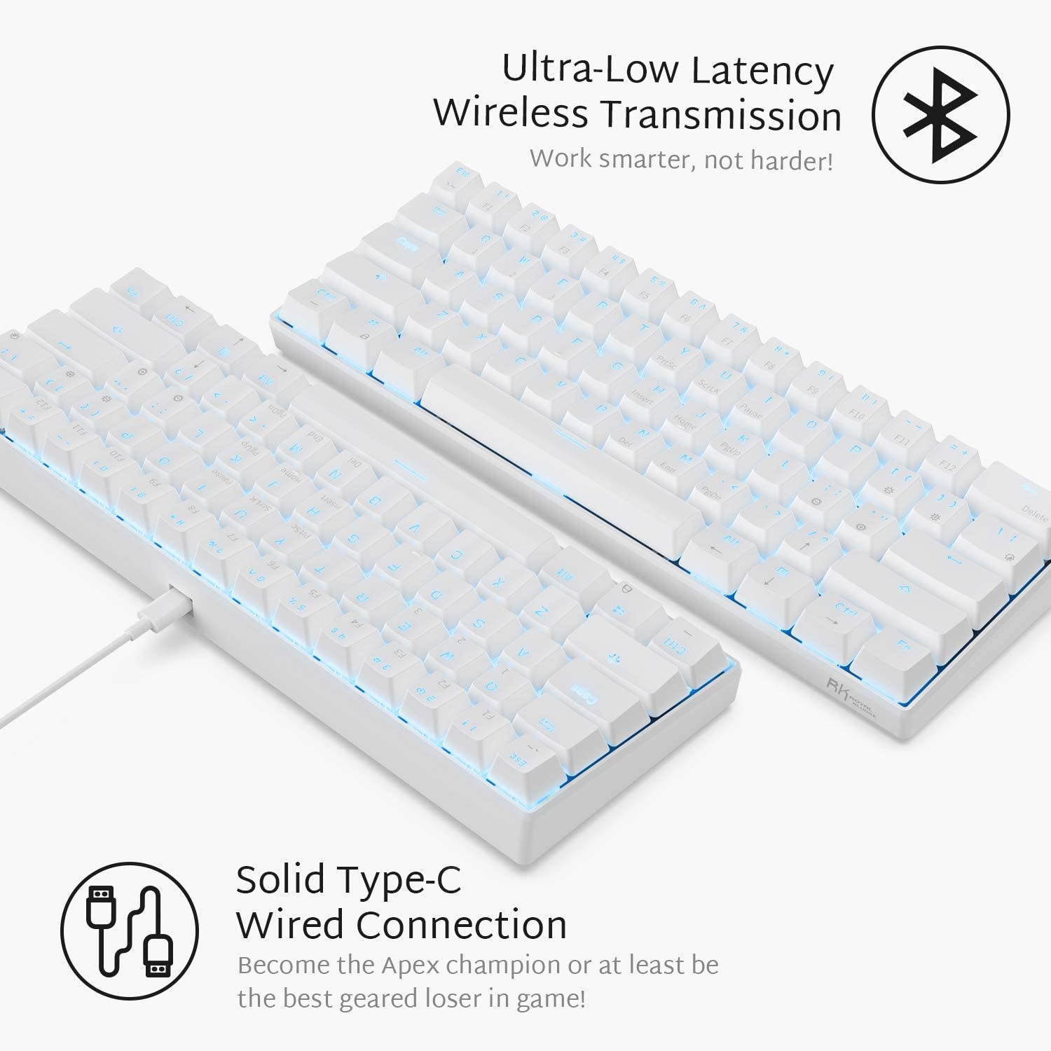 Wireless 60% Mechanical Gaming Keyboard, Ultra-Compact Bluetooth Mechanical Keyboard with 10 Hours Battery Life and Blue Switches, Compatible for Multi-Device Connection, White