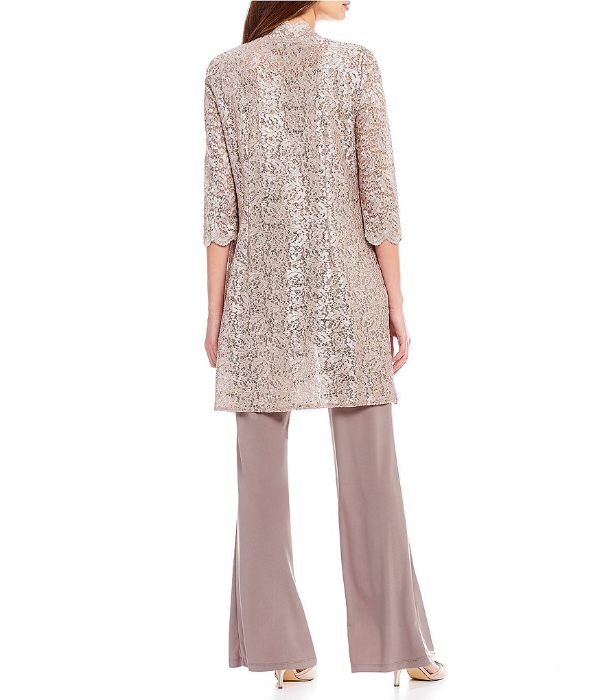R & M Richards 3-Piece Sequin Glitter Scallop Lace Duster Pant Set