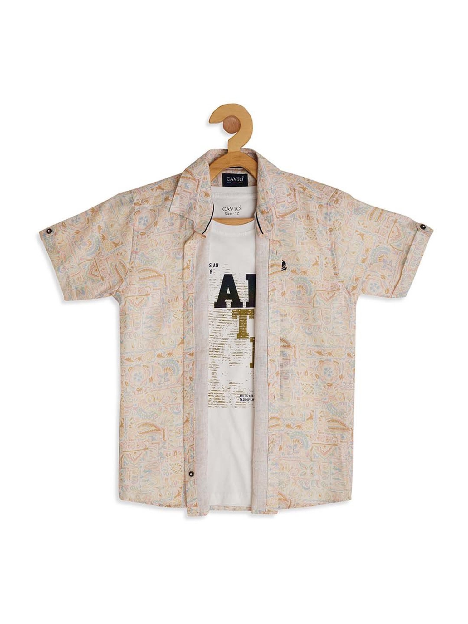 Cavio Kids Cream & White Cotton Printed Shirt with T-Shirt