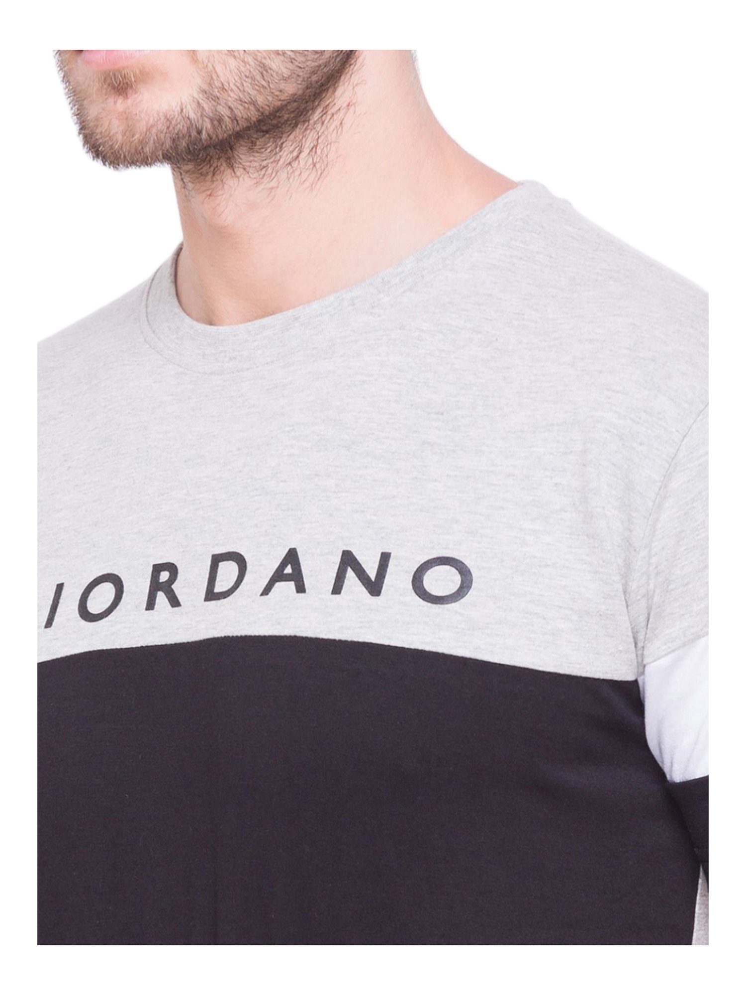 Giordano Grey & Black Cotton Slim Fit Colour Block T-Shirt