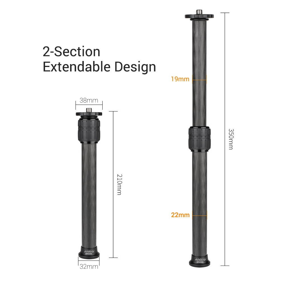 Andoer ER222C 22mm Tube Diameter Carbon Fiber Tripod Extender 2-Section Center Column Extension Tube Compatible with Zhiyun FeiyuTech hohem Handheld Gimbals All Tripods Max. Load Capacity 5kg