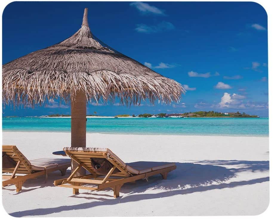 Wozukia Beach Mouse Pad Two Chairs and Umbrella on A Beach with Shadow from Palm Tree Tranquil Scenery Mouse Pad Computer Accessories Home Office Space Cubicle Gaming Mouse Pad Design 9.5 X 7.9 Inch