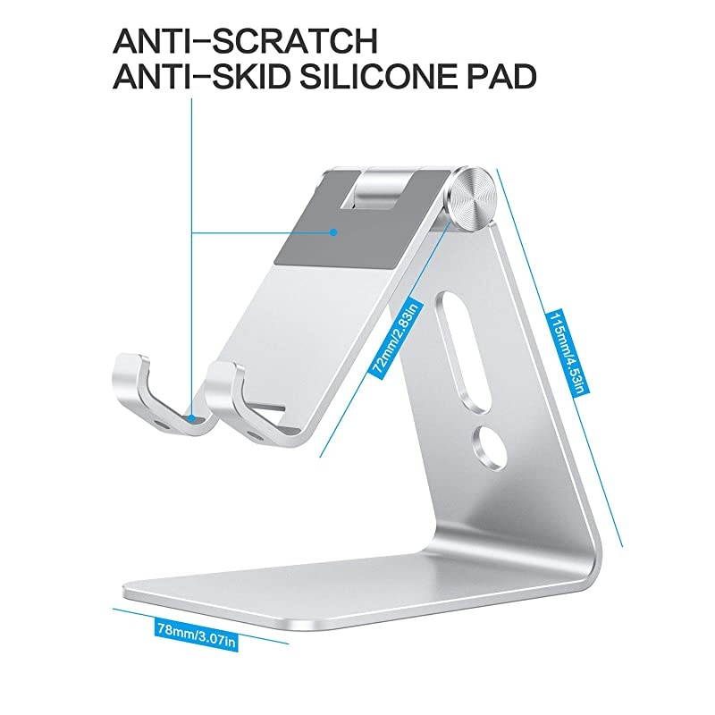 Adjustable Cell Phone Stand  Aluminum Desktop Cellphone Stand with AntiSlip Base and Convenient Charging Port Fits All Smart Phones Silver