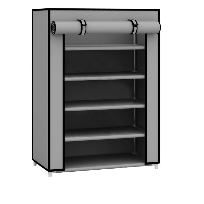 Home Basics 5 Tier Quick Set Up Portable Free-Standing Wardrobe 12 Pair Shoe Cabinet Closet Organizer with Fabric Shelves and Roll-Down Cover, Grey