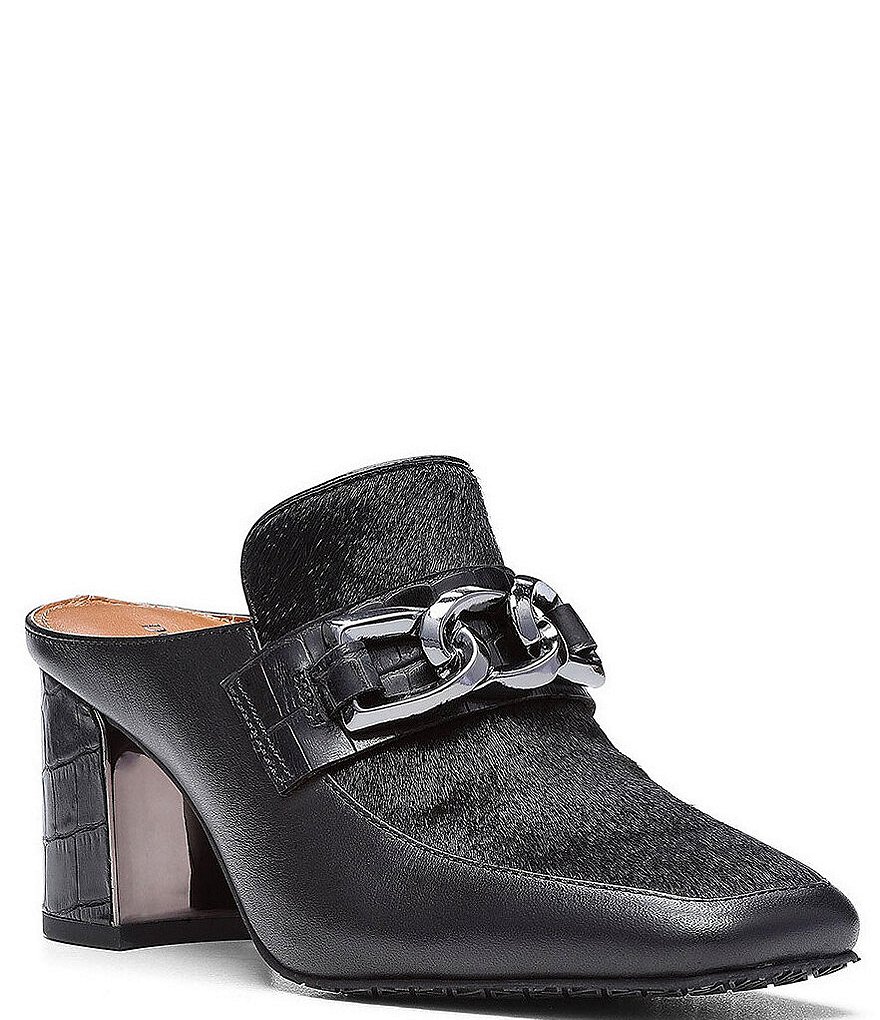 Donald Pliner Caape Leather Calf Hair Croco Heel Chain Strap Mules