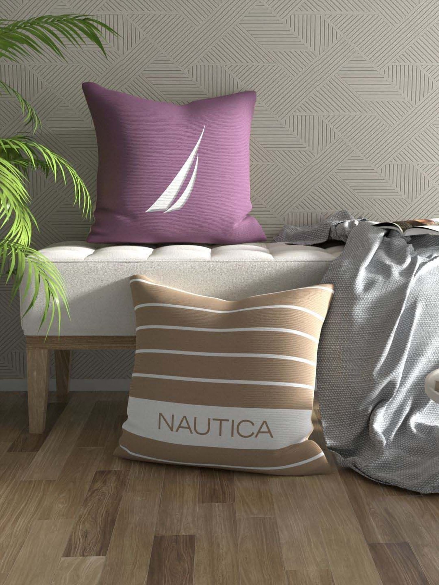 Nautica Logo Stripe Grape & Beige Microfibre 300 GSM Premium Cushion Covers - Set of 2