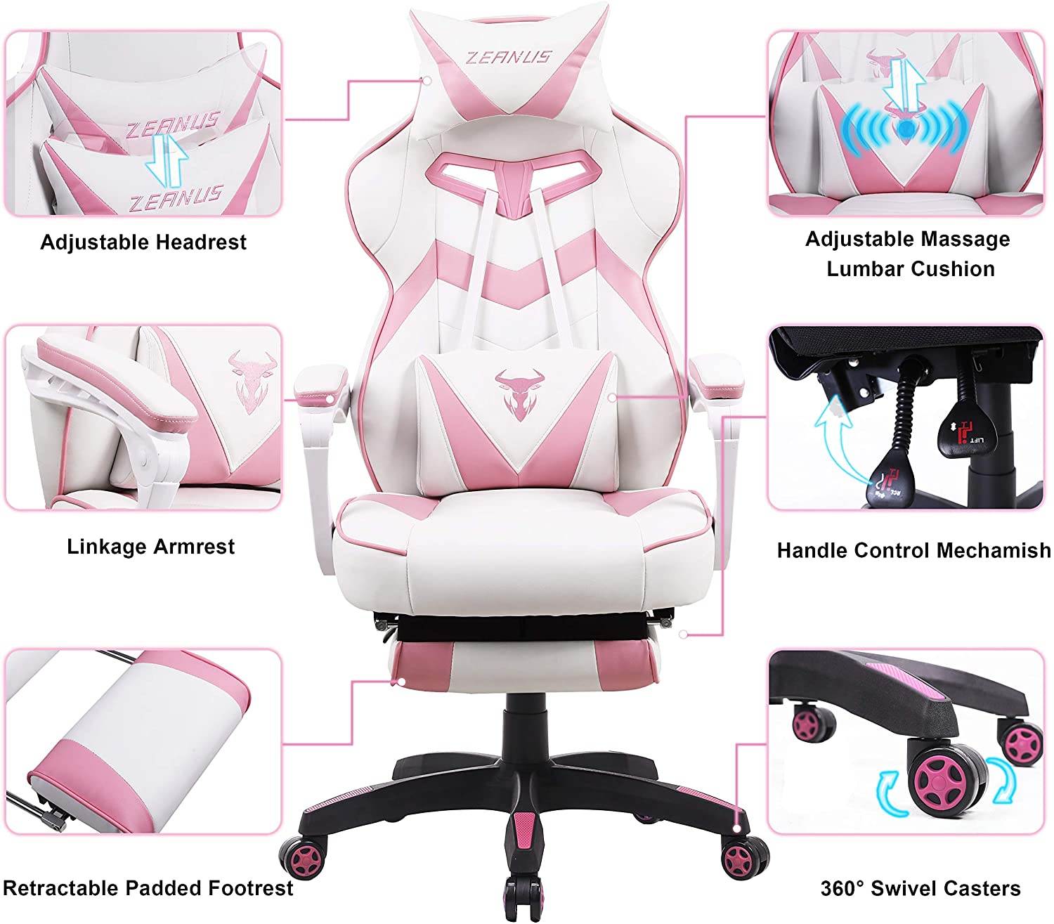 Zeanus Gaming Chair for Adults Green, Gaming Chair with Footrest, Massage Computer Gaming Chair, Reclining Gaming Desk Chair, Big and Tall Video Gaming Chair, Racing Style Chair, E-Sports Gamer Chair