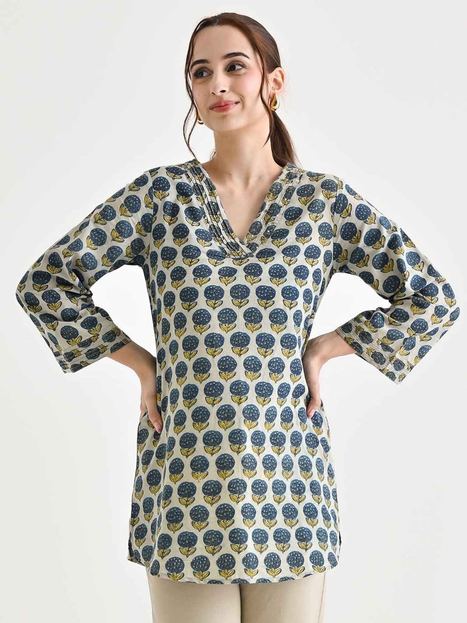 Rustorange Blue Cotton Printed A Line Short Kurti