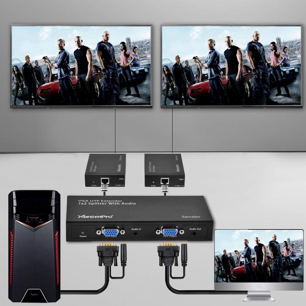 XtremPro 1920X1200 VGA UTP Extender Up tp 980ft (300M) 1X2 Splitter with Audio(TX+RX UL)