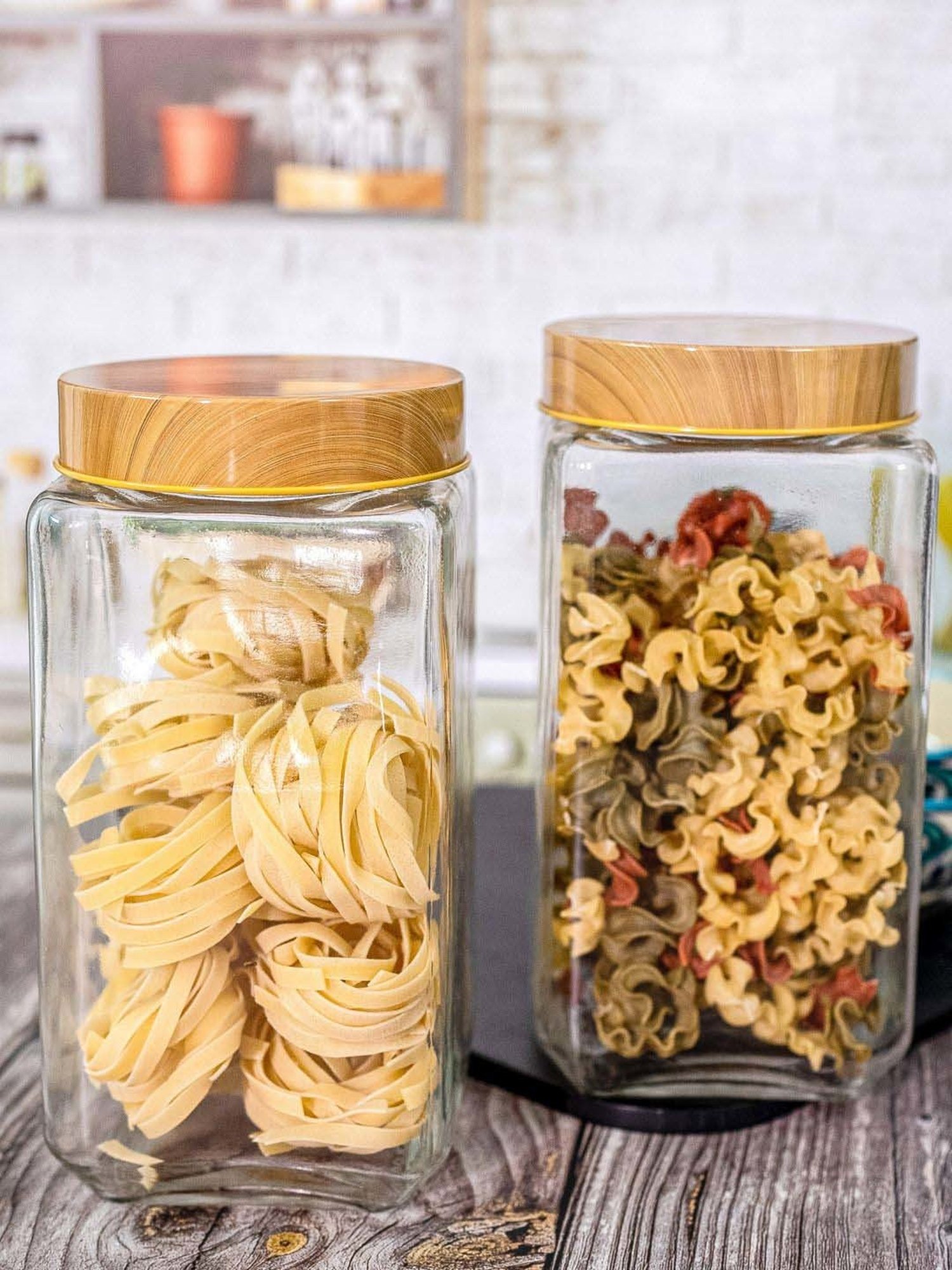 White Gold Transparent & Brown Glass Airtight Canister Jars With Bamboo Lid (2.25 L) - Set of 2