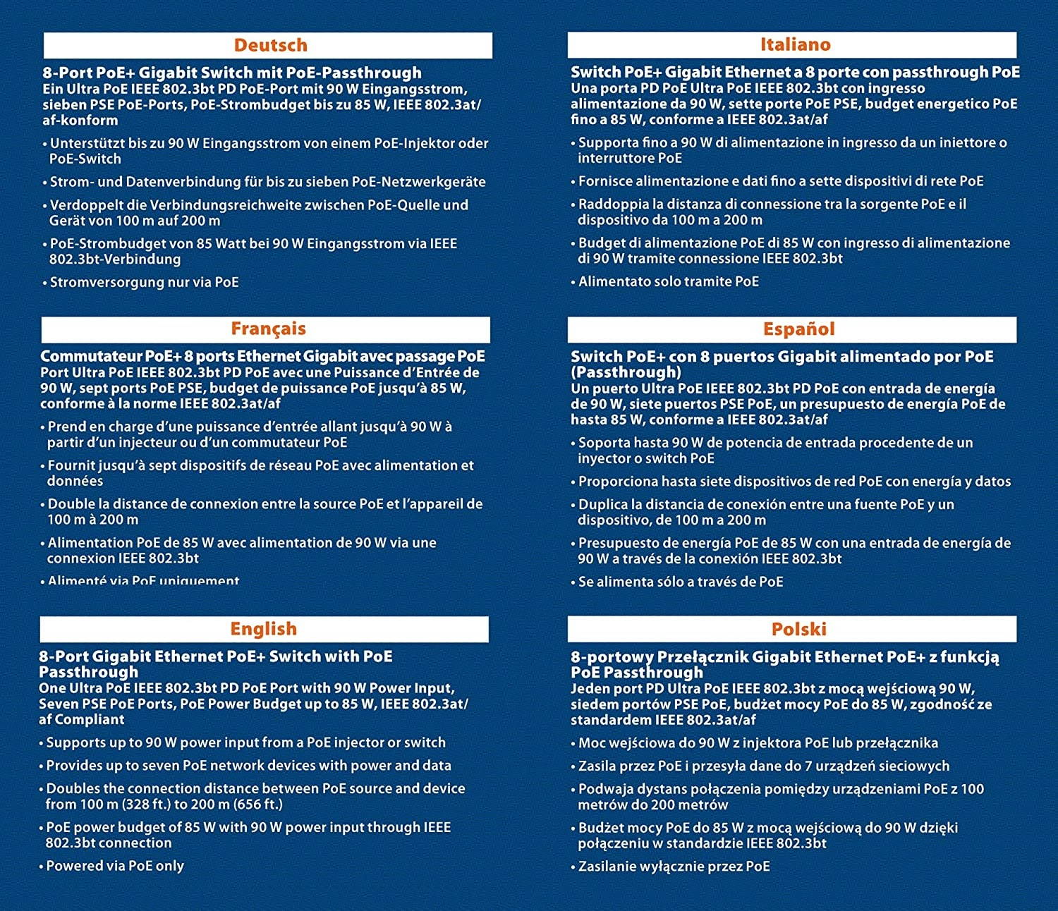 Intellinet 8-Port PoE Passthrough Gigabit Ethernet Switch - with 1 x 90W PoE+ Input, 7 x PoE Outputs, 85W Power Budget via PoE PD, IEEE 802.3at/af Compliant, 3 Year Warranty - 561679