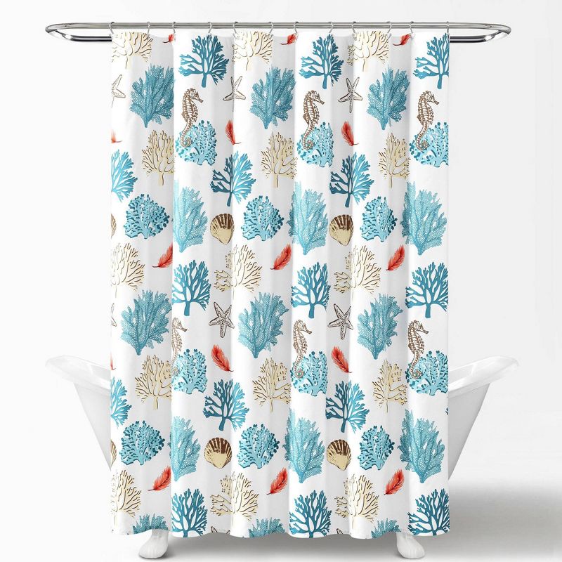 Single Reef Feather Shower Curtain Blue/Coral - Lush Décor