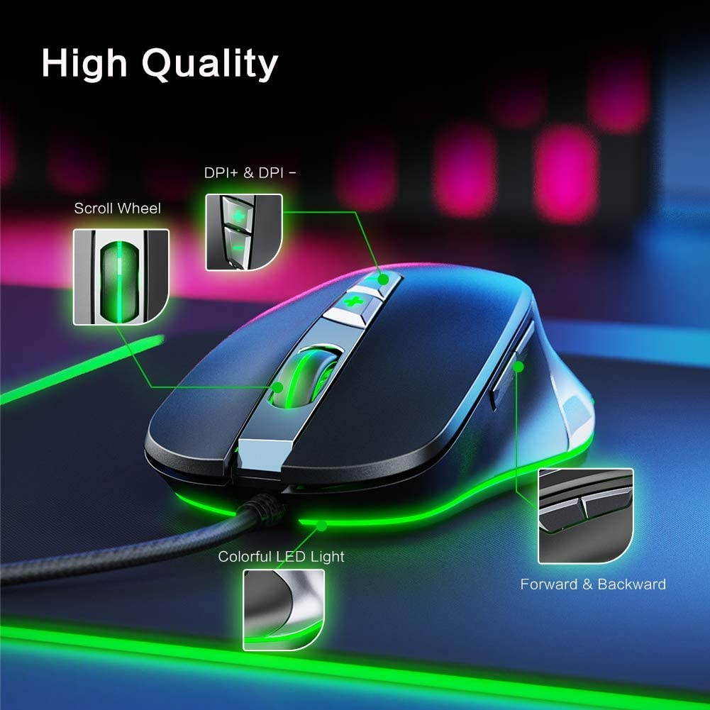 Wired Gaming Mouse Inphic Wired Mouse for Gamer with 7 RGB Lighting Effect 4000DPI Adjustable and 7 Programmable Buttons Ergonomic Design PC Gaming Mouse Comfortable Hand Feeling
