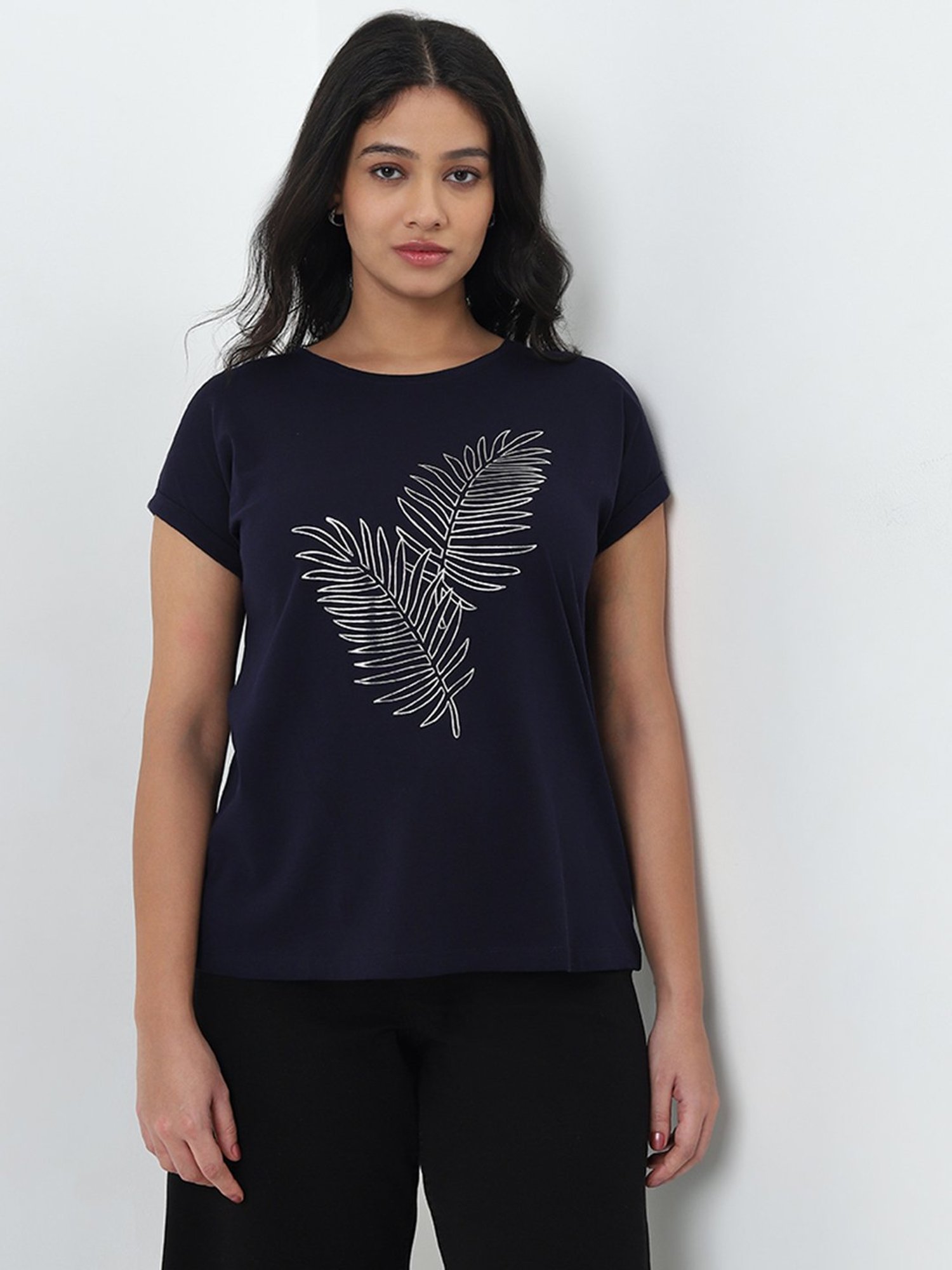 Gia by Westside Navy Blue Leaf Printed Cotton T-Shirt