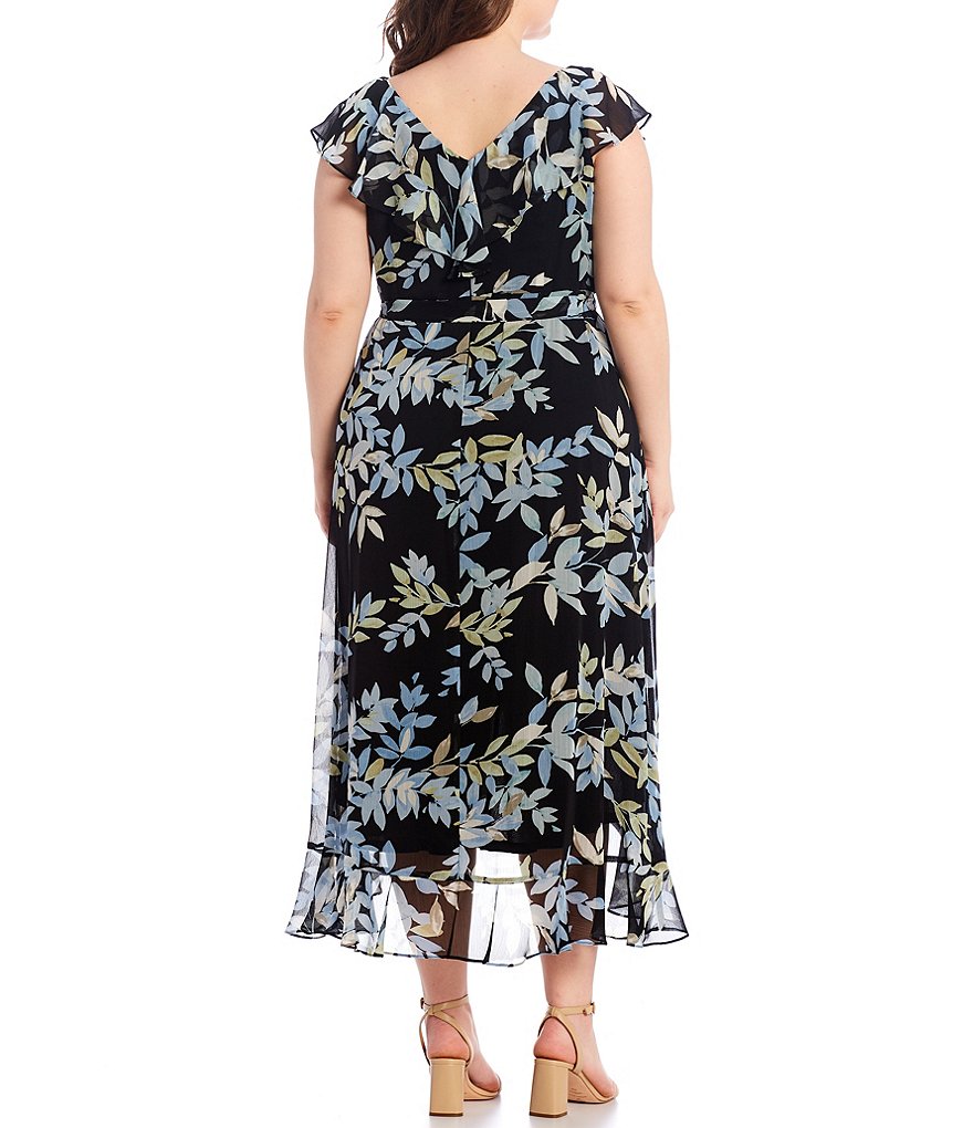 London Times Plus Size Floral Print V-Neck Sleeveless Chiffon Faux Wrap Flounce Hem Midi Dress