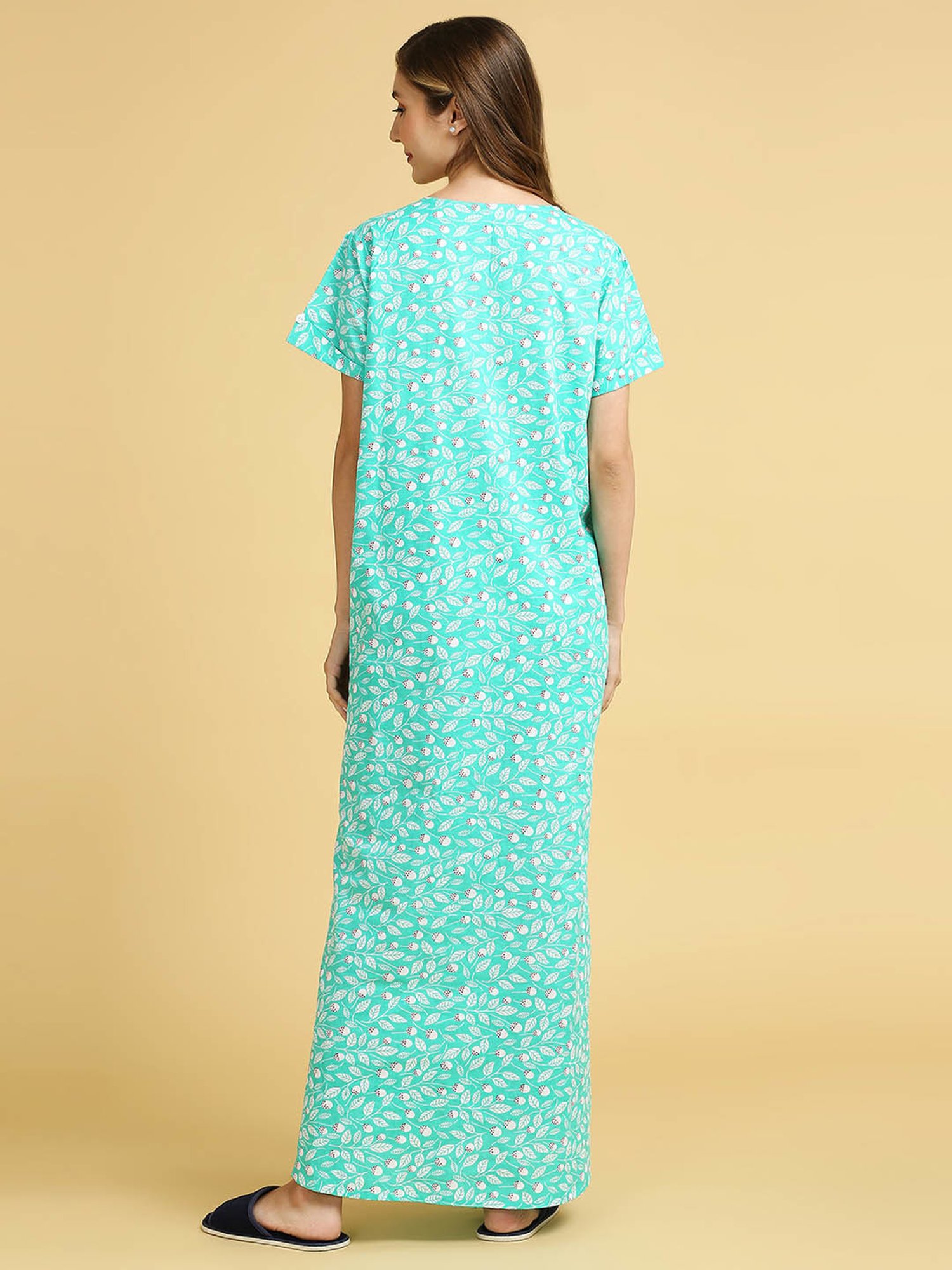 MomToBe Green Cotton Printed Feeding Nighty