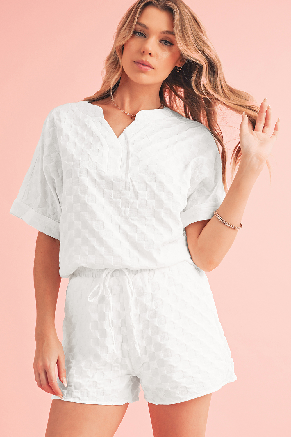 White Textured Split Neck Top and Drawstring Shorts Set